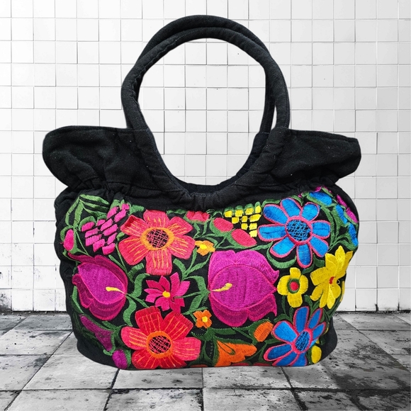Handbags - Floral Embroidered Black Tote Bag